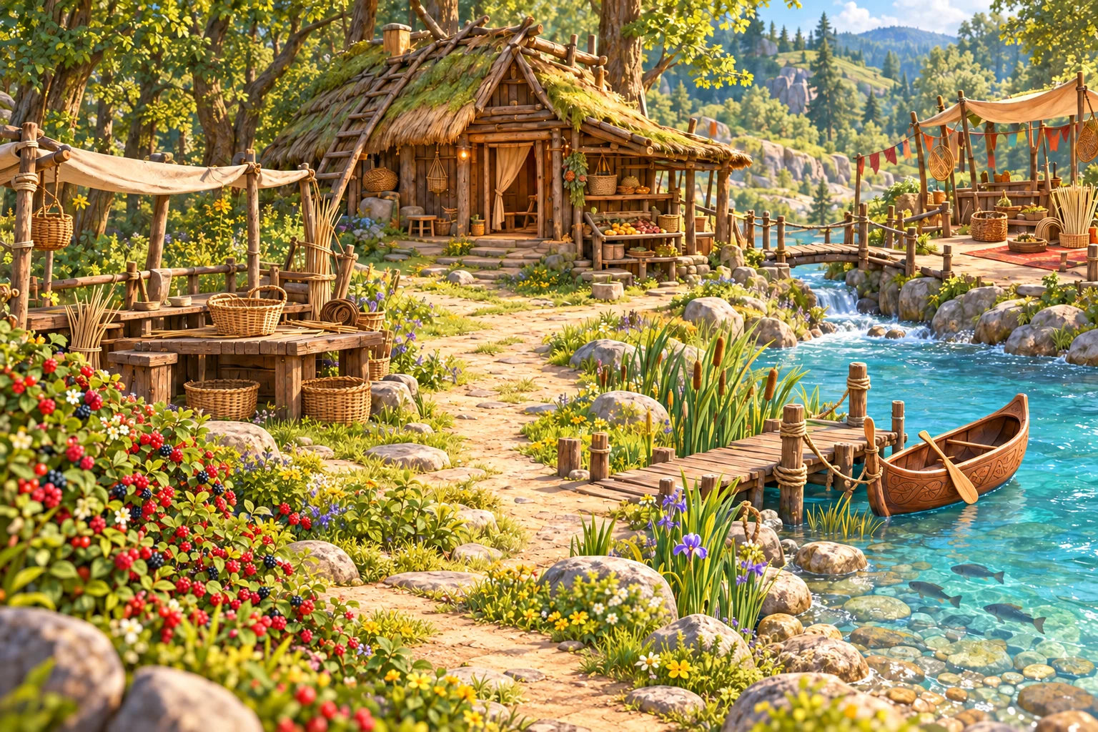 An illustrated riverside world with woodland paths, a hut and places to explore