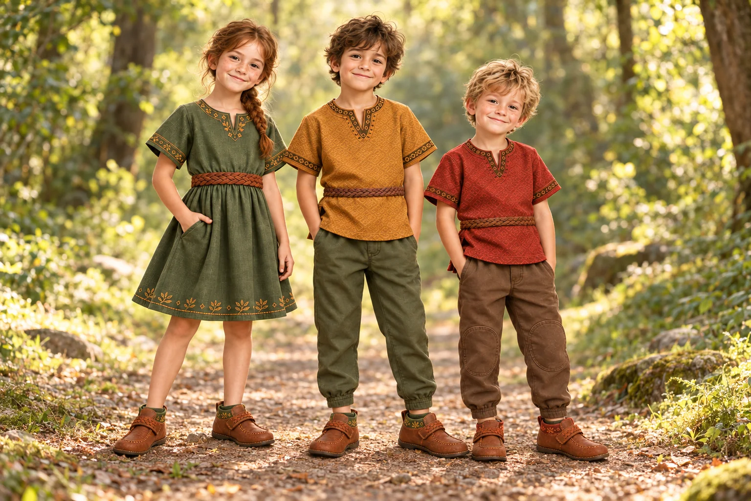 Children wearing the proposed Mira, Leo and Finn outfits with matching woodland shoes
