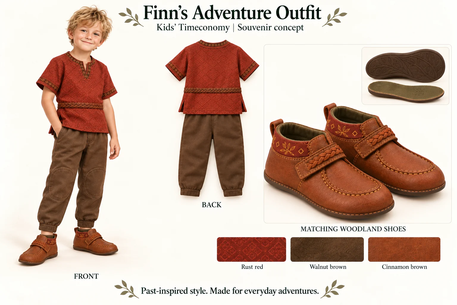 Finn's rust-red tunic, brown trousers and matching woodland shoes, shown as an outfit concept