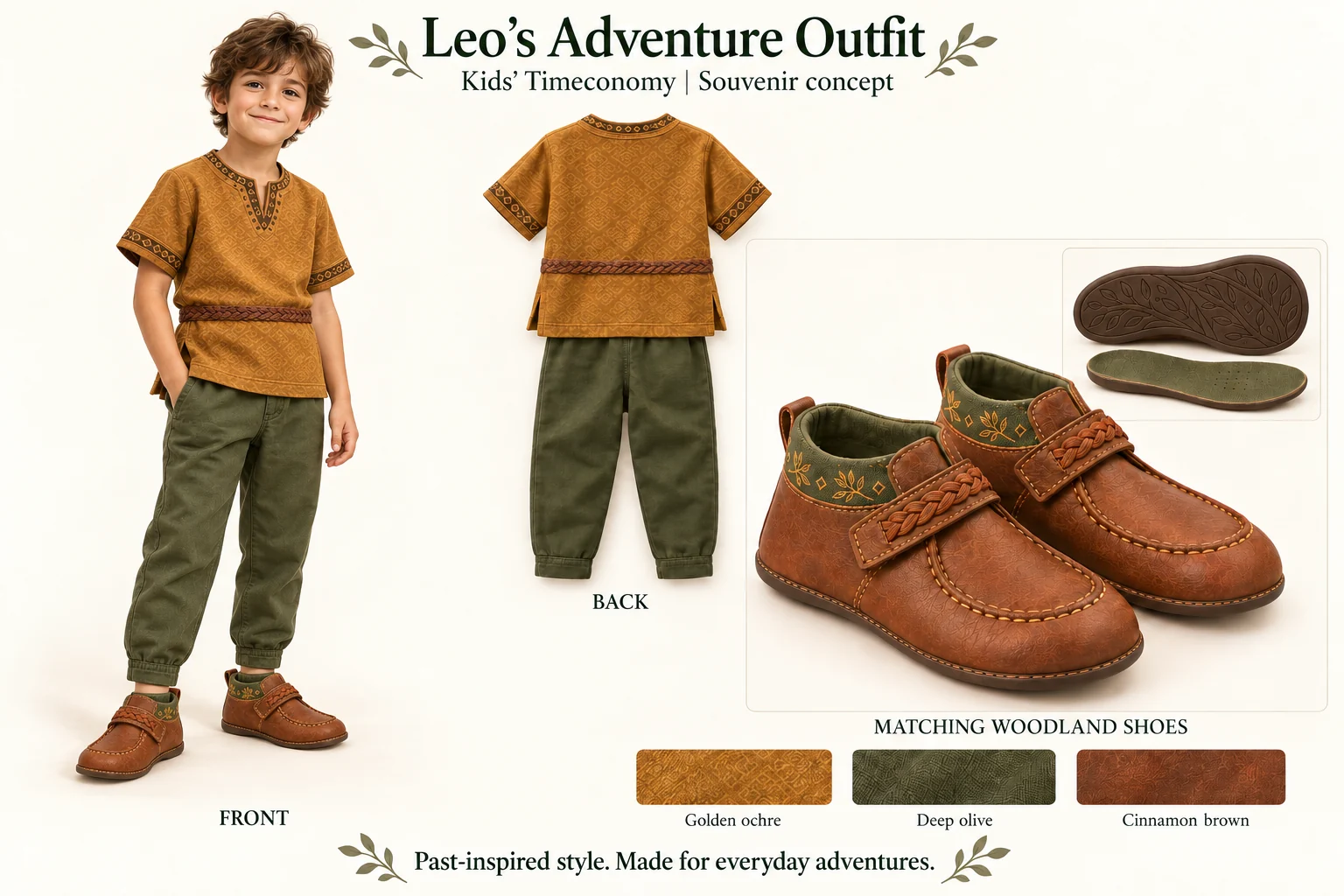 Leo's golden-ochre tunic, olive trousers and brown woodland shoes, shown as an outfit concept