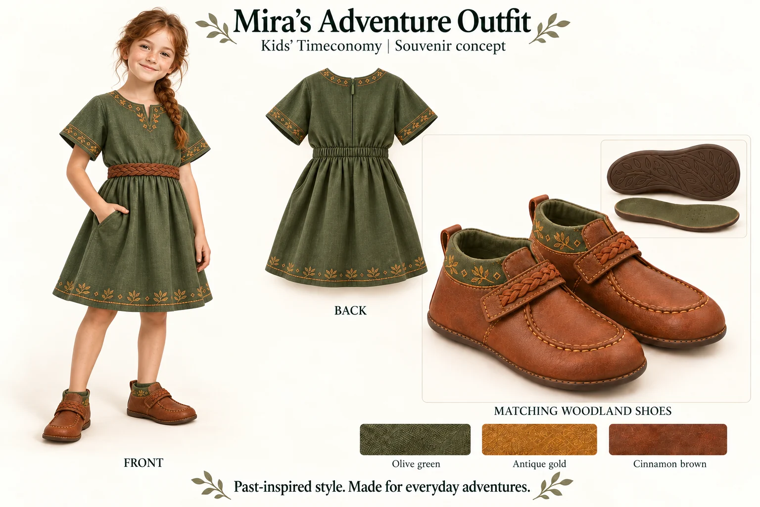 Mira's olive-green dress and brown woodland shoes, shown as an outfit concept